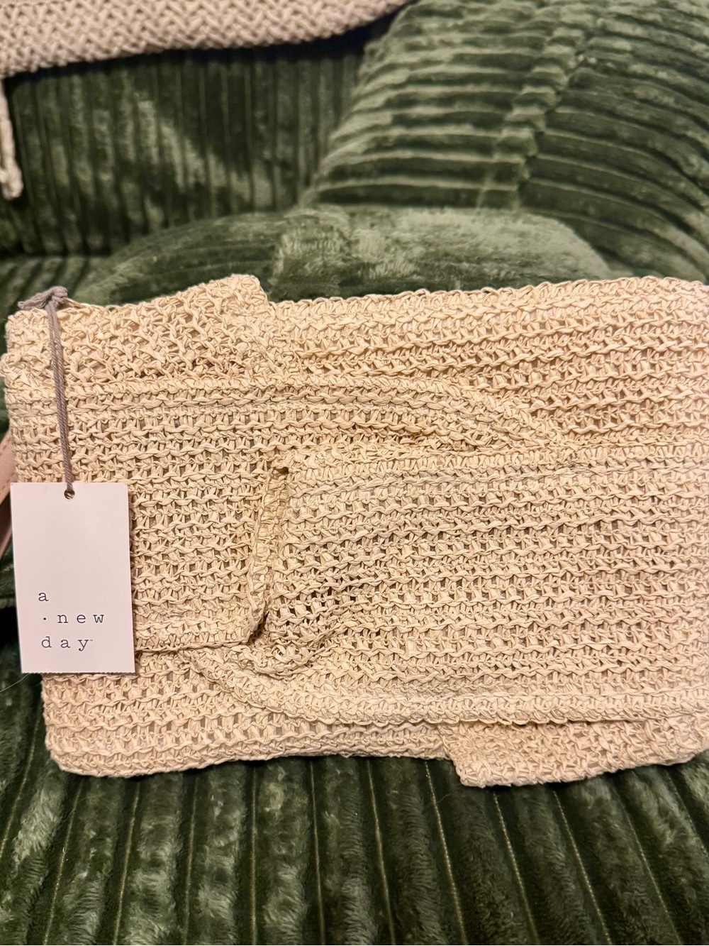 NWT - A New Day - Natural Crochet Straw Wristlet with Beige Strap